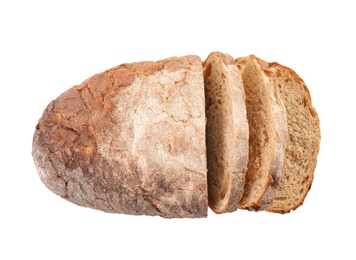 Photo of Fresh bread on white background, top view. Baked goods
