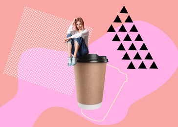 Coffee to go. Woman sitting on takeaway paper cup on color background, stylish artwork
