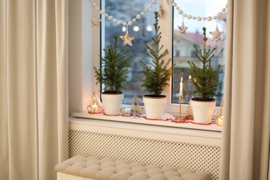 Small potted fir trees and Christmas decor on window sill indoors