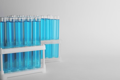 Test tubes with blue liquid on light grey background. Space for text