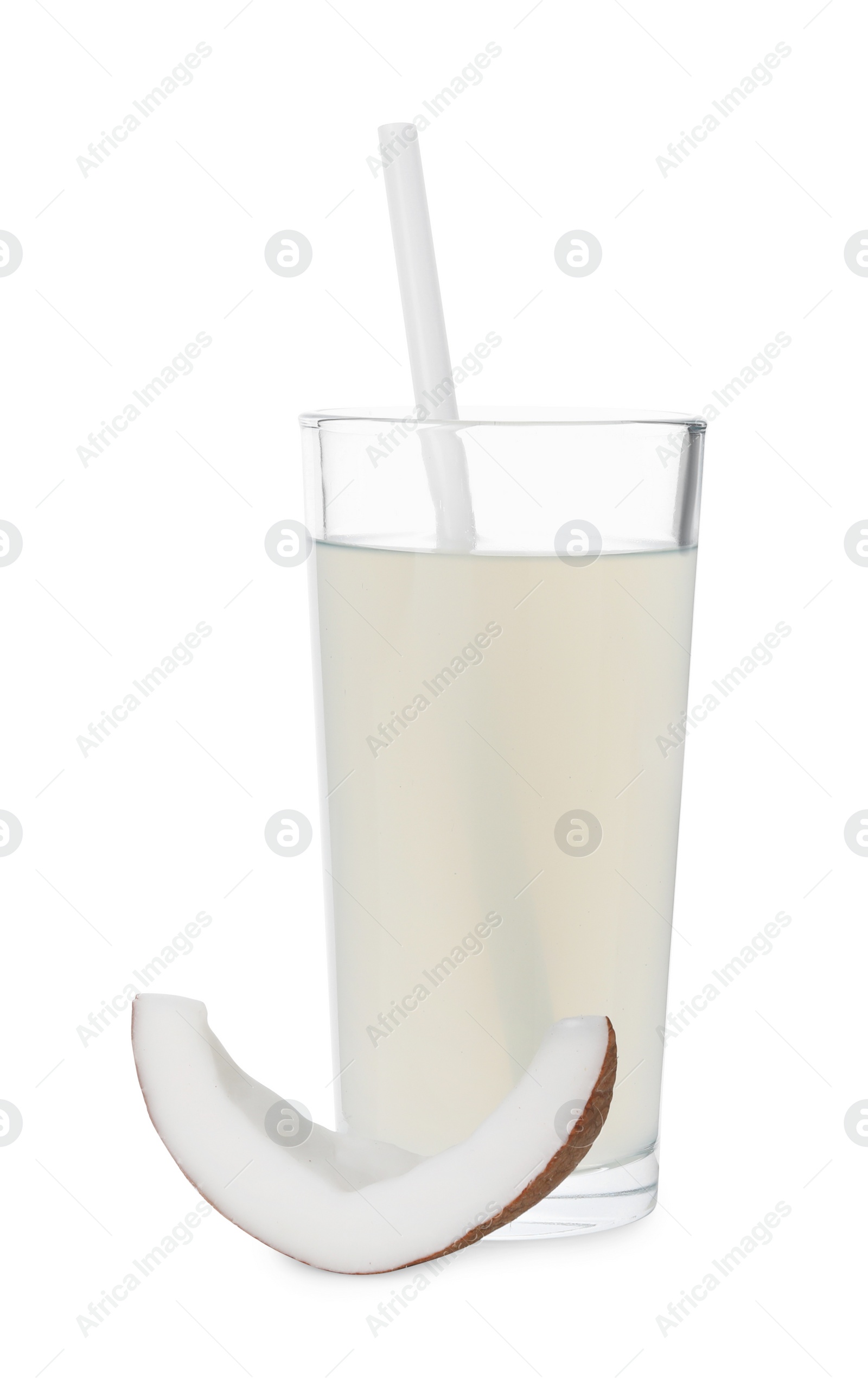 Photo of Glass of coconut water and nut isolated on white