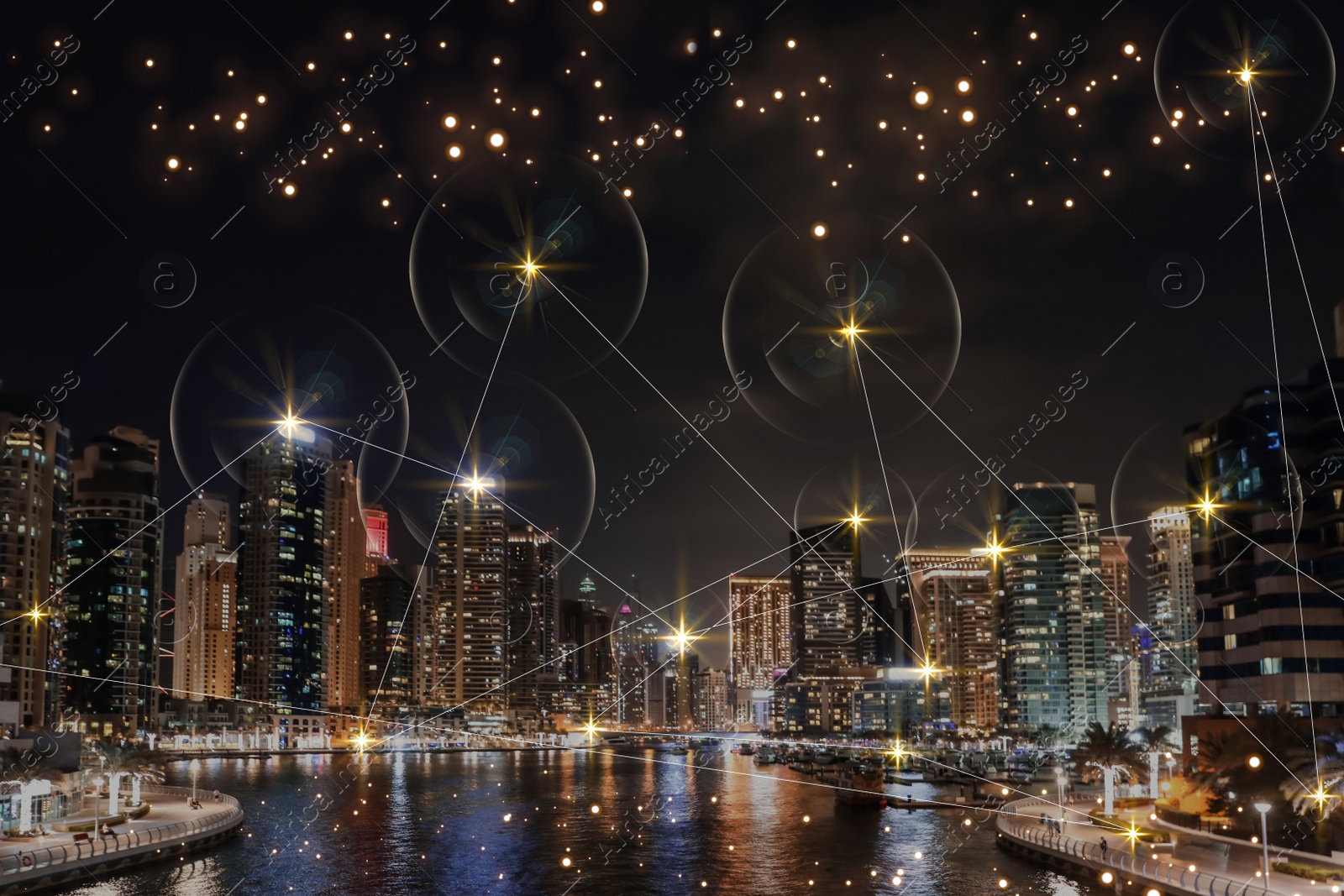 Image of Beautiful night cityscape and network connection lines. Internet technology