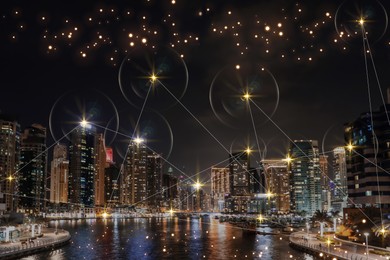 Image of Beautiful night cityscape and network connection lines. Internet technology