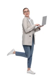 Happy woman with laptop on white background