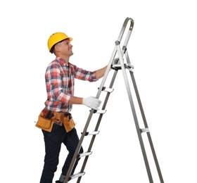 Professional constructor climbing ladder on white background