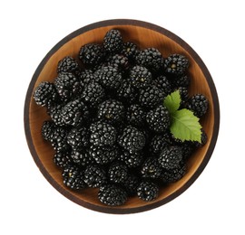 Photo of Bowl with fresh ripe blackberries isolated on white, top view