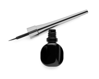 Photo of Black eyeliner on white background, top view. Makeup product
