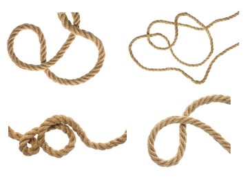Image of Set of durable hemp ropes on white background