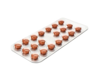 Photo of Blister with pills isolated on white. Medicament
