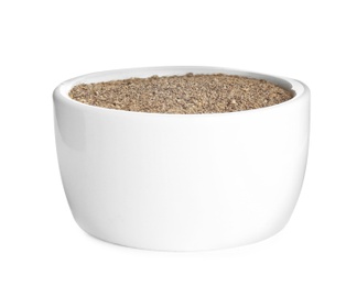 Photo of Bowl of ground black pepper isolated on white