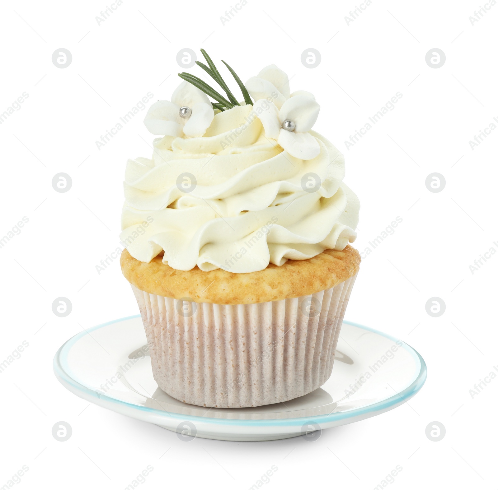 Tasty Easter cupcake with vanilla cream isolated on white Photo of Tasty Easter cupcake with vanilla cream isolated on white