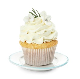 Photo of Tasty Easter cupcake with vanilla cream isolated on white