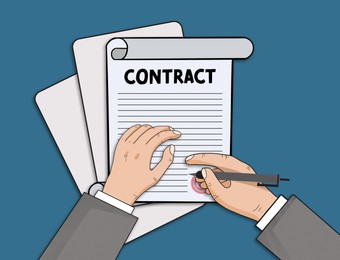 Illustration of Government contract. Businessman signing document on light blue background, top view. Illustration