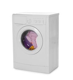 Photo of Modern washing machine with laundry isolated on white