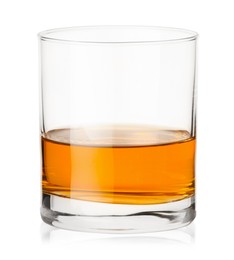 Photo of Whiskey in glass isolated on white. Alcoholic drink