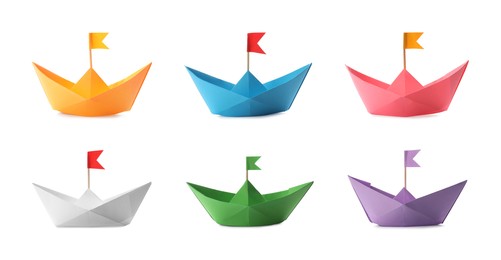 Image of Set with multicolor paper boats on white background. Banner design