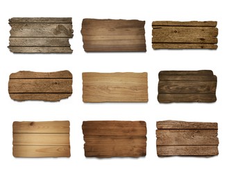 Image of Set with different empty wooden boards on white background. Mockup for design