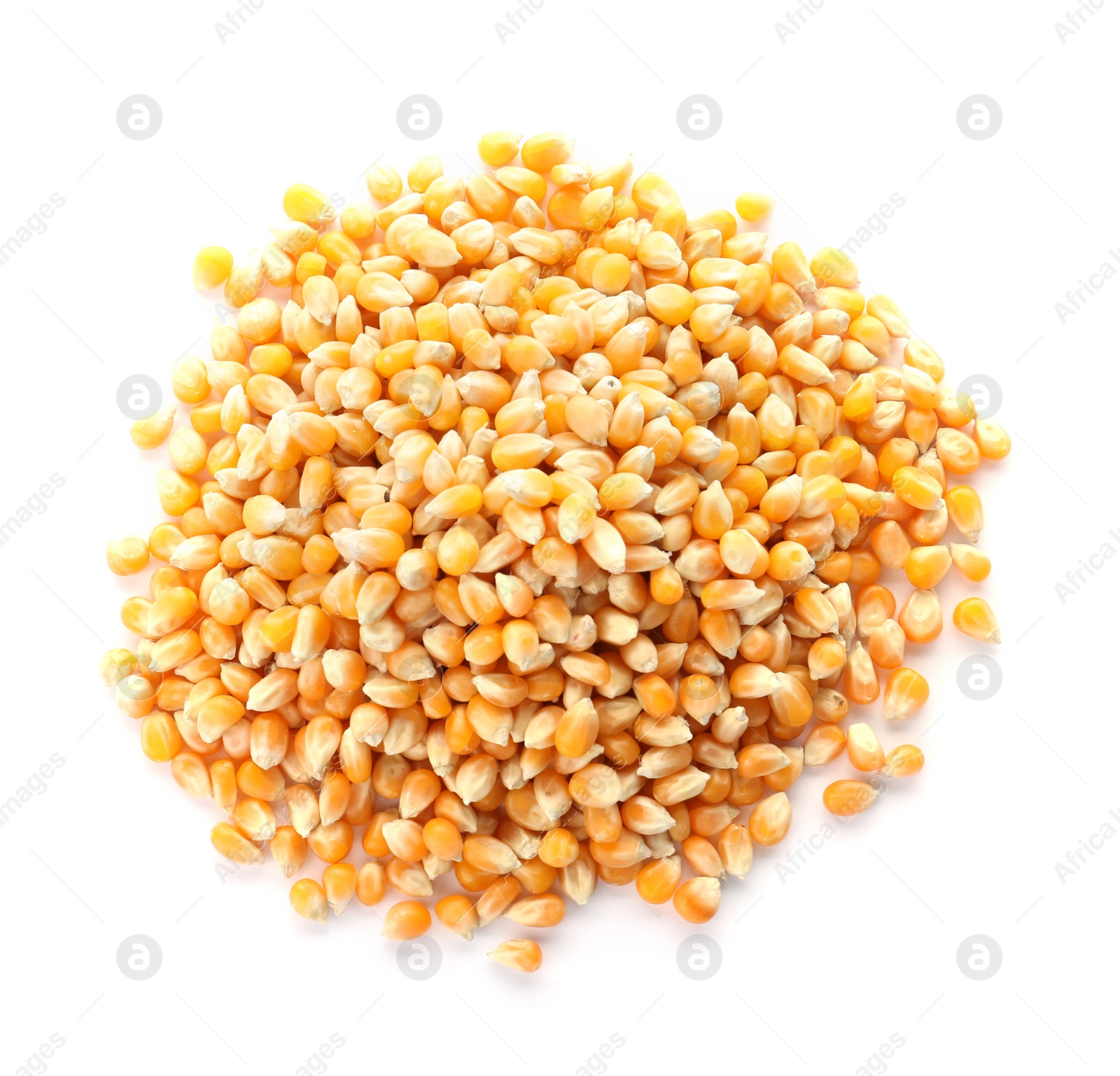 Photo of Raw corn kernels on white background. Healthy grains and cereals