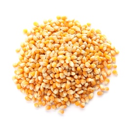 Photo of Raw corn kernels on white background. Healthy grains and cereals