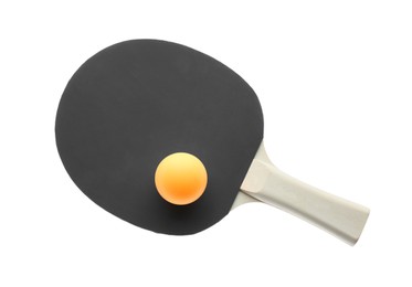 Photo of Ping pong racket and ball isolated on white, top view