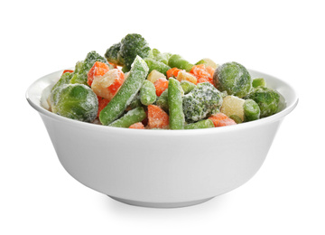 Photo of Frozen vegetables in bowl isolated on white