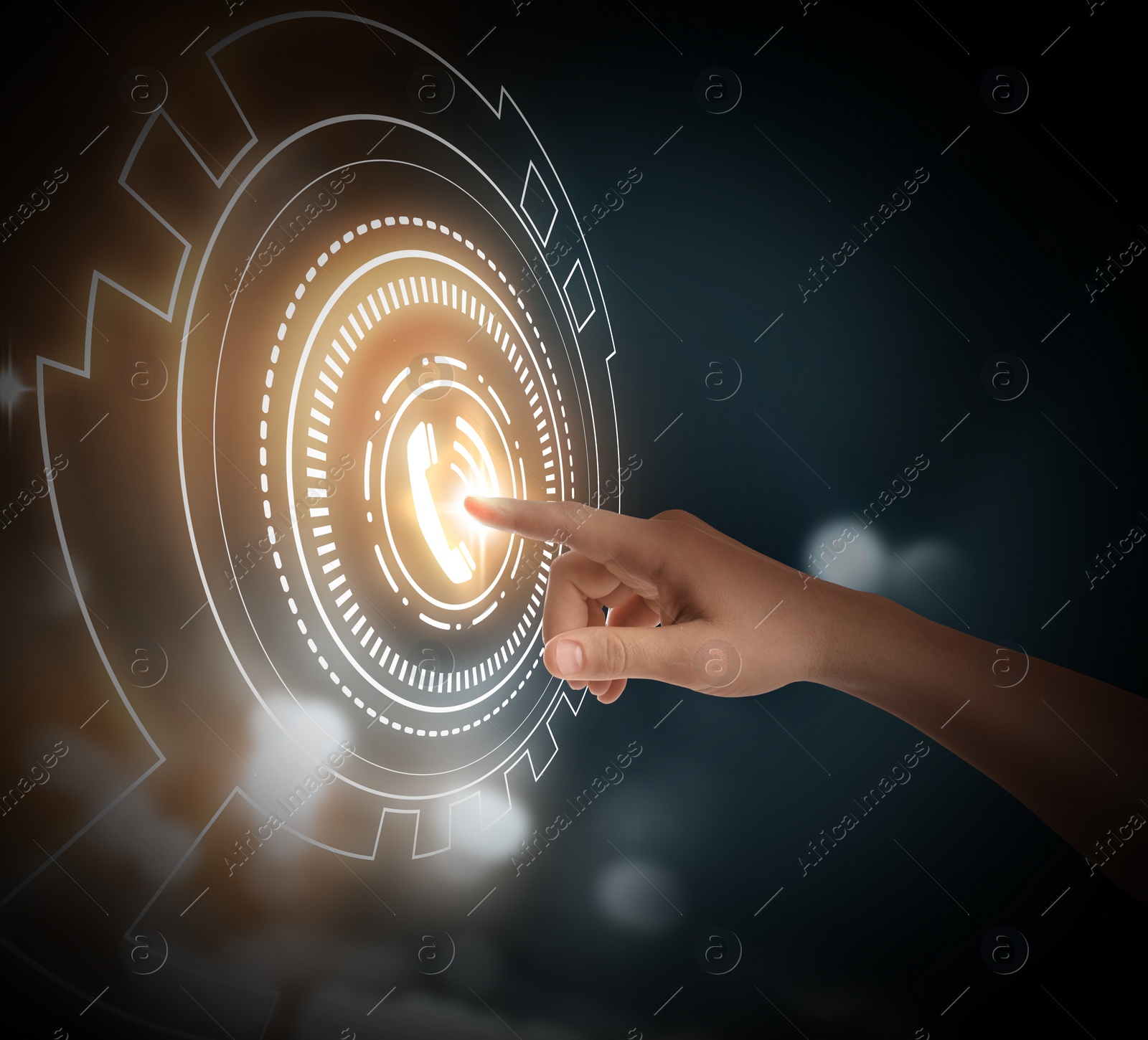 Hotline service. Man pointing at virtual icon with telephone symbol, closeup Image of Hotline service. Man pointing at virtual icon with telephone symbol, closeup