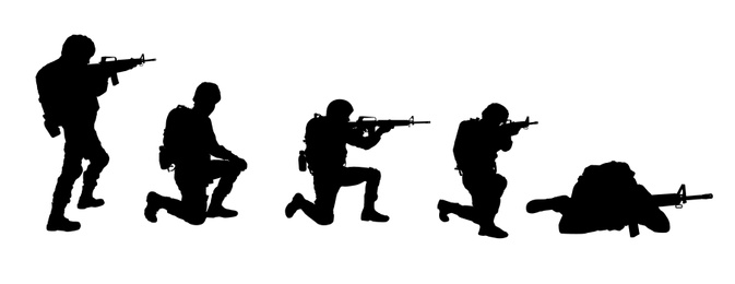 Image of Collage with silhouettes of military soldiers on white background, banner. Military service