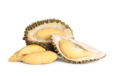 Photo of Fresh ripe durians on white background. Tropical fruit