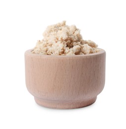 Photo of Bowl of tasty prepared horseradish isolated on white