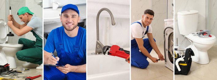 Image of Collage with photos of professional plumbers and their tools, banner design