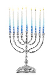 Photo of Menorah with burning candles isolated on white. Hanukkah symbol