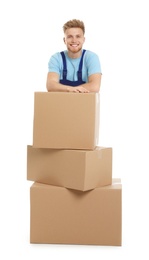 Photo of Portrait of moving service employee with cardboard boxes on white background