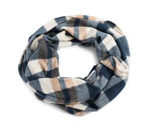 Photo of One beautiful checkered scarf on white background, top view