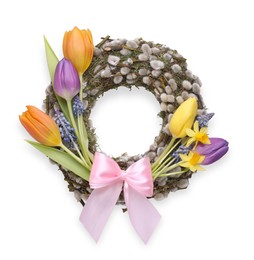Photo of Willow wreath with different beautiful flowers and pink bow on white background, top view