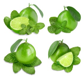Image of Fresh ripe limes and green mint leaves isolated on white, set