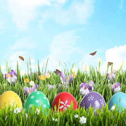 Image of Bright Easter eggs in green grass and butterflies against blue sky