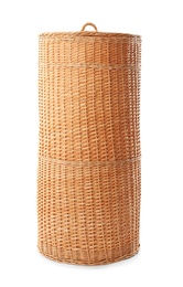 Photo of Wicker basket with lid on white background