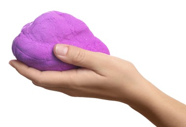 Photo of Woman playing with kinetic sand on white background, closeup