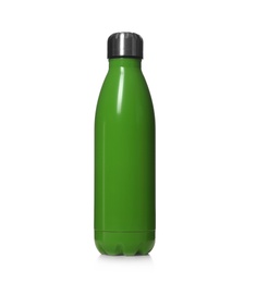 Photo of Modern closed green thermo bottle isolated on white