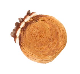 Photo of Round croissant with chocolate chips and cream isolated on white, top view. Tasty puff pastry