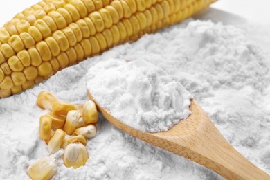 Photo of White corn starch, ripe cob and kernels on powder, closeup