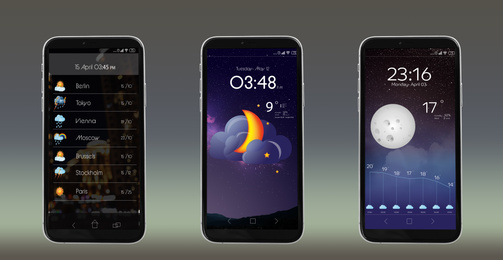 Image of Set of smartphones with open weather forecast app on grey background. Banner design