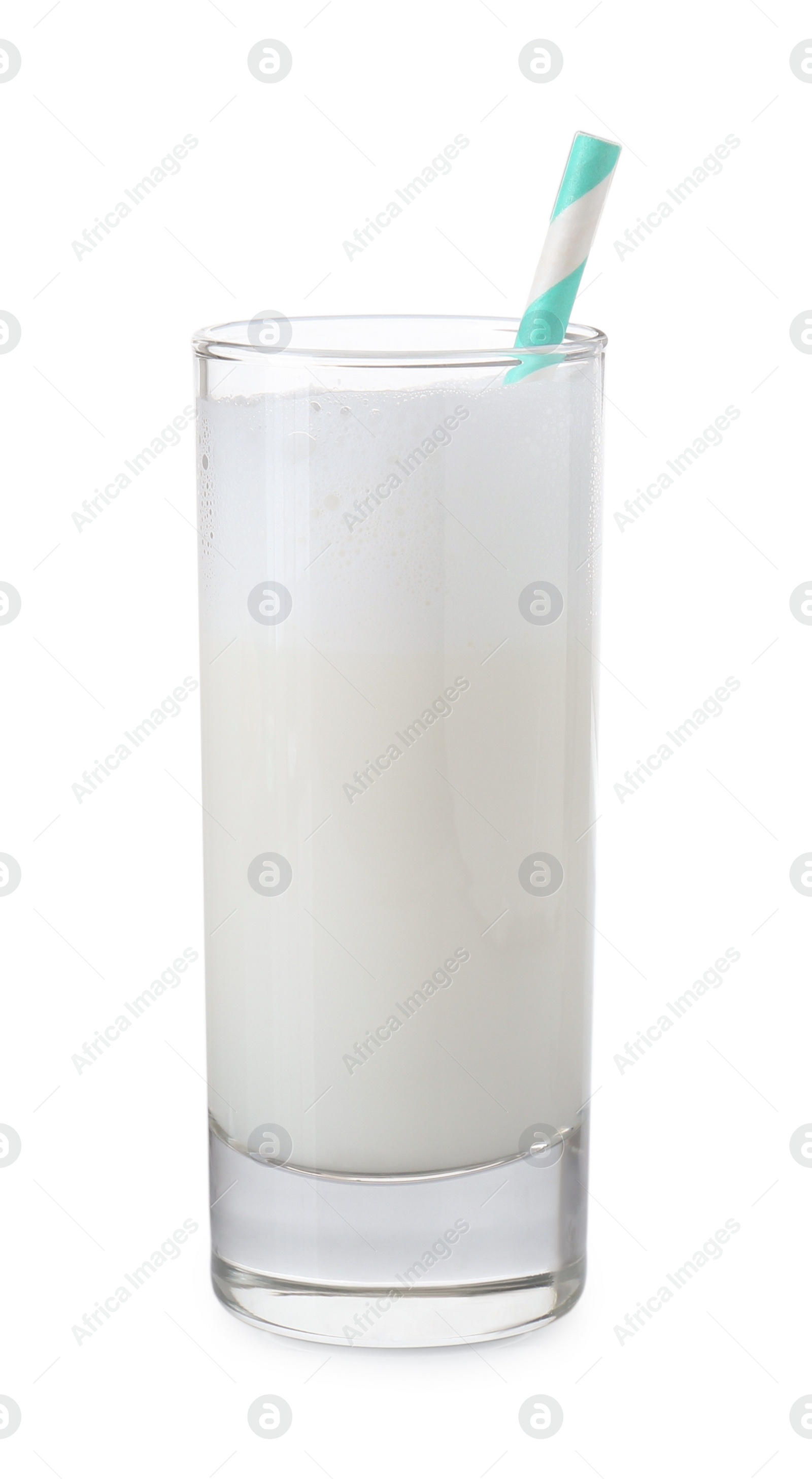 Glass of fresh milk with straw isolated on white Photo of Glass of fresh milk with straw isolated on white