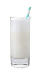 Photo of Glass of fresh milk with straw isolated on white