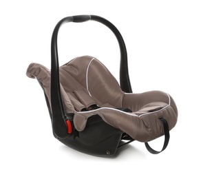 Photo of Brown child safety seat on white background