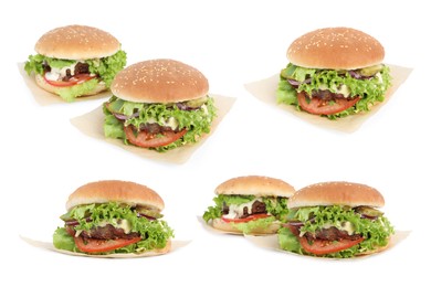 Image of Collage with delicious burgers on white background
