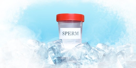 Image of Cryopreservation. Container with sperm and ice cubes on light blue background. Frost effect