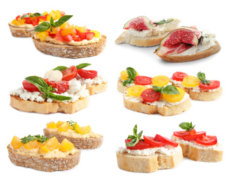 Image of Set of toasted bread with different toppings on white background
