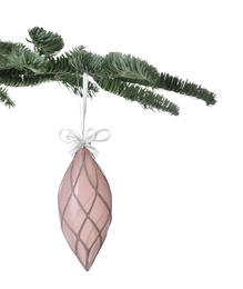Photo of Fir tree branch with Christmas bauble on white background