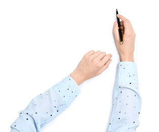 Photo of Woman holding pen on white background, top view